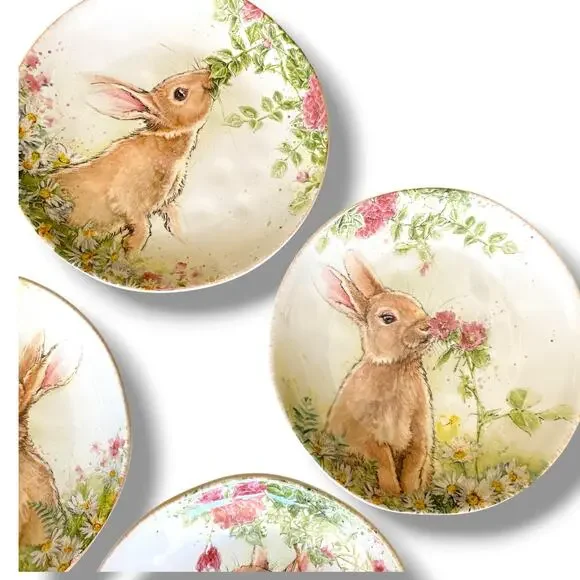 Southern Living Bunny 8.5” Salad Plate 4Pc Glazed Ceramic Bunnies Flowers Easter - Picture 2 of 10